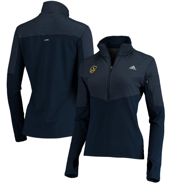 Shop smart for the LA Galaxy fan in your life with our Holiday Gift Guide - Women's LA Galaxy adidas Navy climalite Half-Zip Pullover Jacket