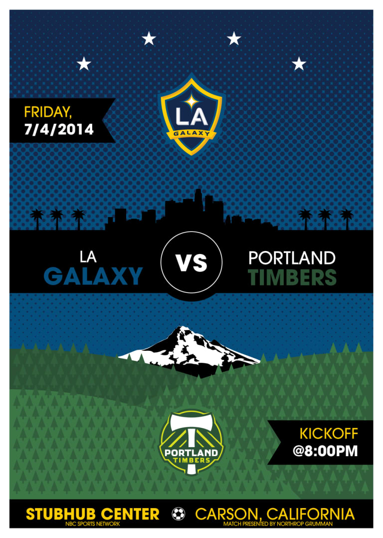 LA Galaxy debut commemorative match poster for July 4 match against Portland Timbers -