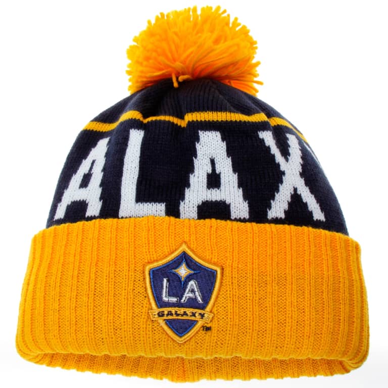 LA Galaxy Insider's Holiday Gift Guide - Men's LA Galaxy Mitchell & Ness Navy/Gold Hi 5 Cuffed Knit Hat with Pom