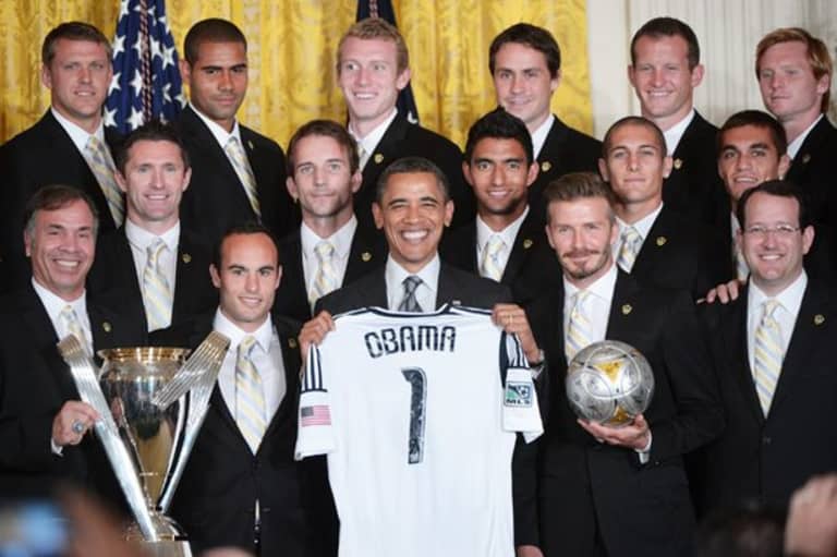 Looking back at the LA Galaxy's three trips to the Barack Obama White House | INSIDER - US President Barack Obama holds a jersey presented to him during an event in honour of Major League Soccer champions, the LA Galaxy, in the East Room of the White House