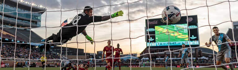 Match Day: MINvRSL - Nick Rimando dives as the ball goes into the net at TCF Bank Stadium
