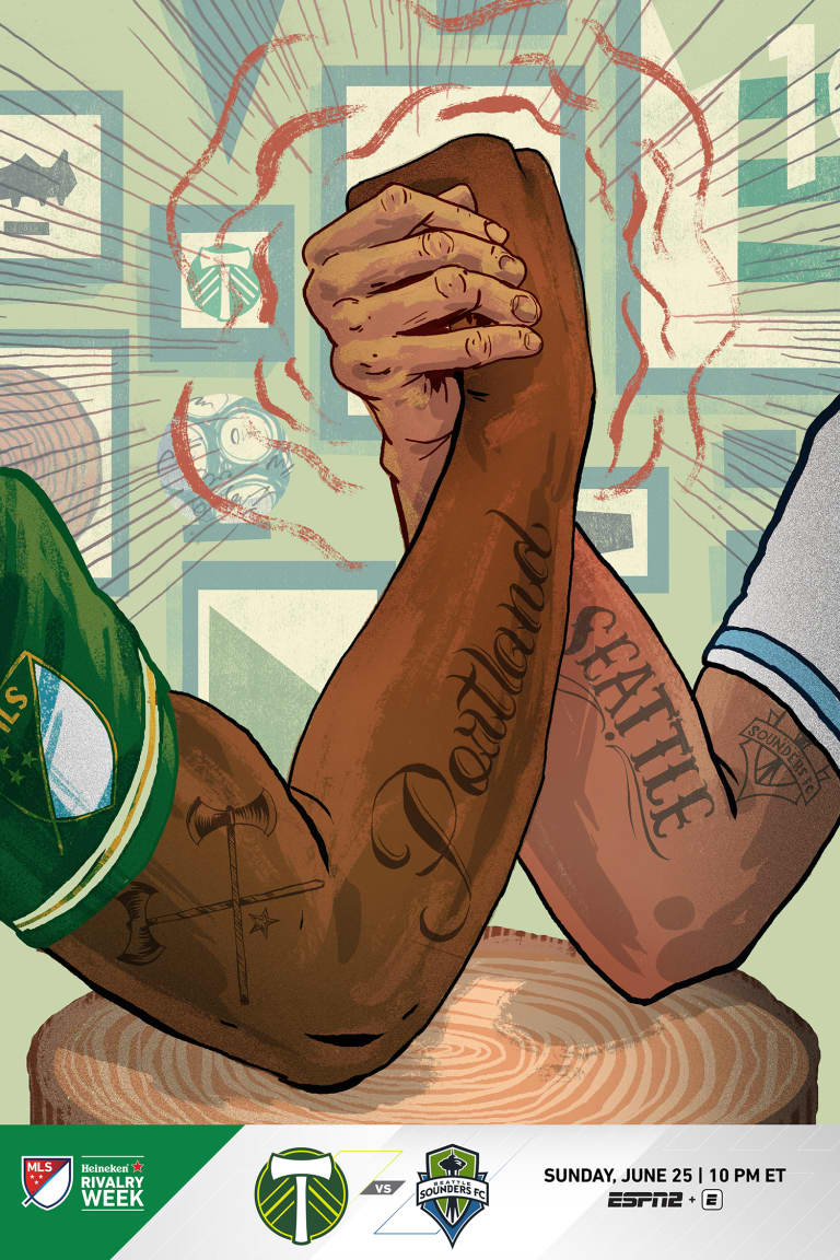 Diego Chara helps create a special Timbers-Sounders match poster showing the "arm wrestle that never ends"  -