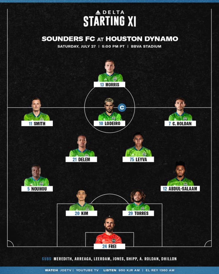 Seattle Sounders at Houston Dynamo starting lineup: Danny Leyva starts, Cristian Roldan moves to right midfield -