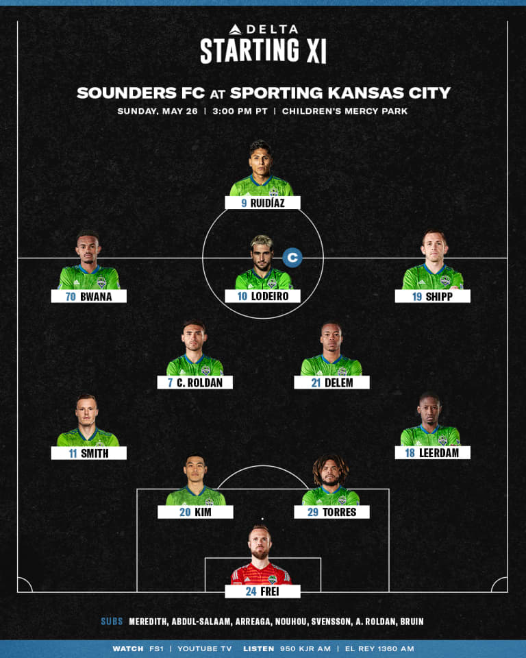 Seattle Sounders at Sporting Kansas City starting lineup: Head Coach Brian Schmetzer moves back to 4-2-3-1 formation -