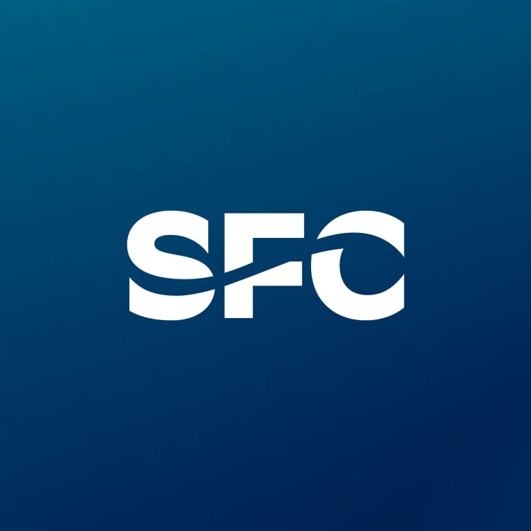 Graphic depicting our new monogram, which is the letters "SFC" with the water element from the new wordmark running through them.