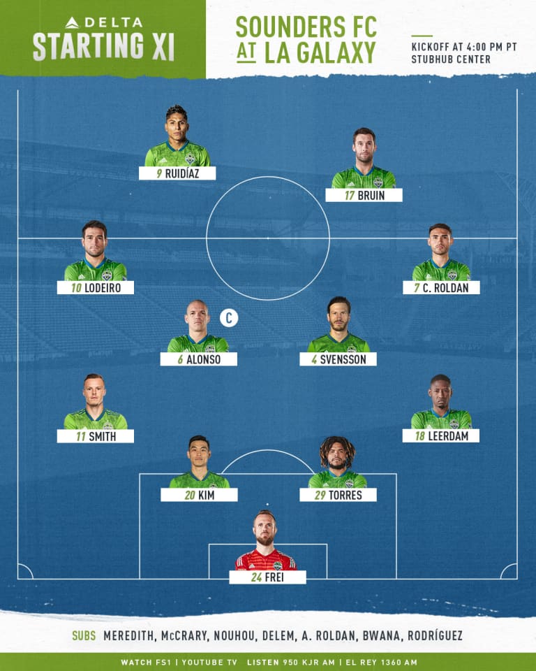 Seattle Sounders at LA Galaxy starting lineup: Head Coach Brian Schmetzer opts for 4-4-2 with Bruin, Ruidíaz up top -