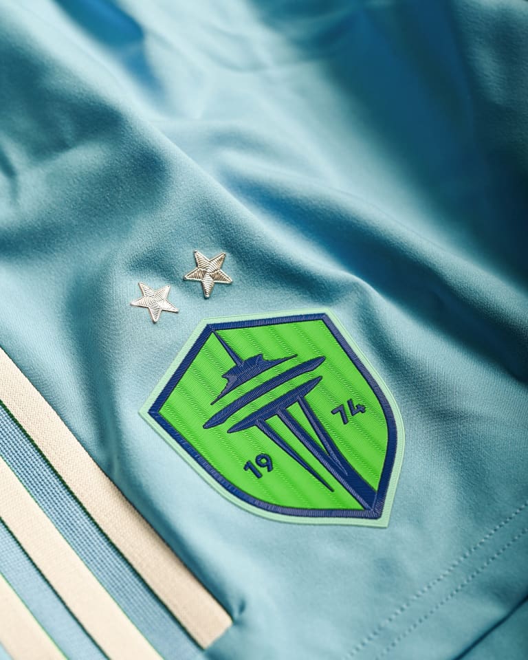 Detailed close-up of crest located on jersey shorts