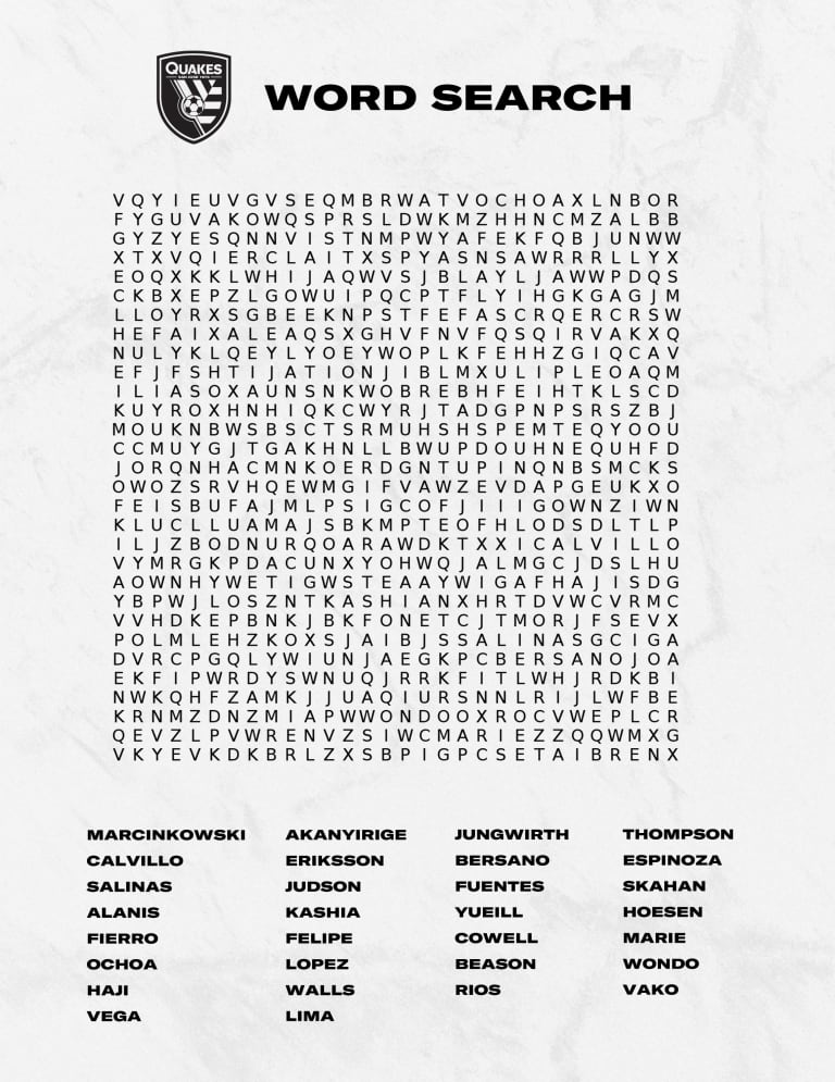 QUAKES AT HOME: Word Search | First team names -