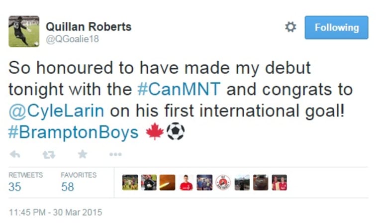 Quillan Roberts earns first cap for Canada  -