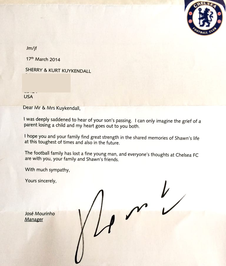 Chelsea's Jose Mourinho sends letter of condolences to family of Shawn Kuykendall | SIDELINE -
