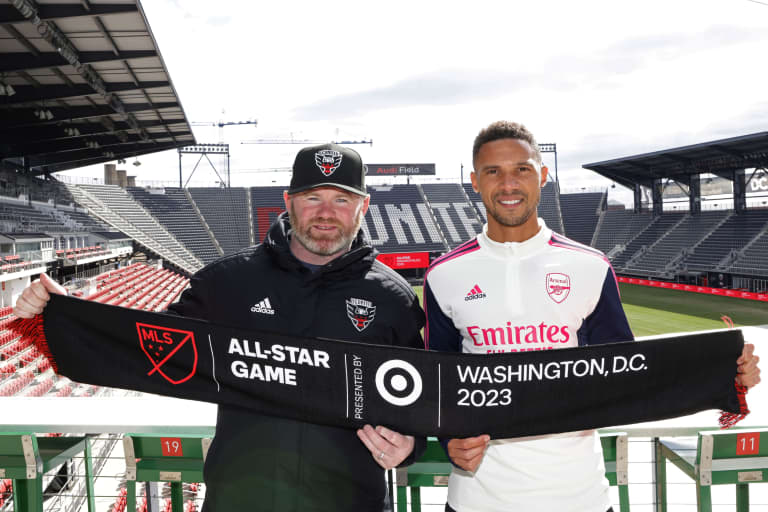 L to R_ MLS All-Star Head Coach Wayne Rooney and Arsenal Legend Kieran Gibbs with the 2023 MLS All-Star Game Scarf at Audi Field (2)
