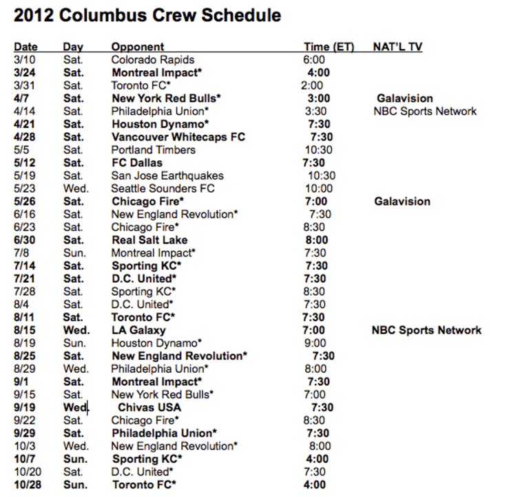 Crew announces 2012 schedule, featuring 13 Saturday home games -