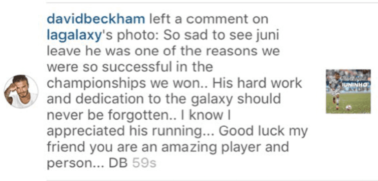 David Beckham pays tribute to departing midfielder Juninho on Instagram | INSIDER -