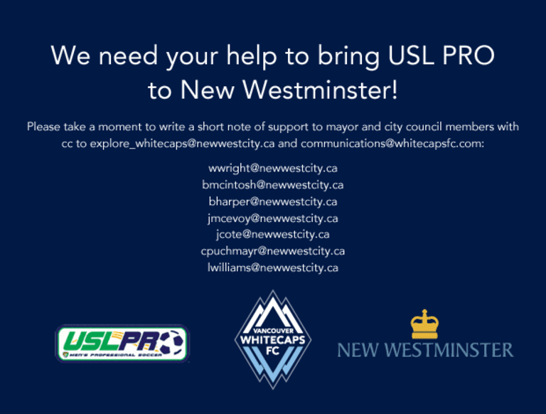 Open letter from Whitecaps FC on proposed USL PRO franchise in New Westminster -