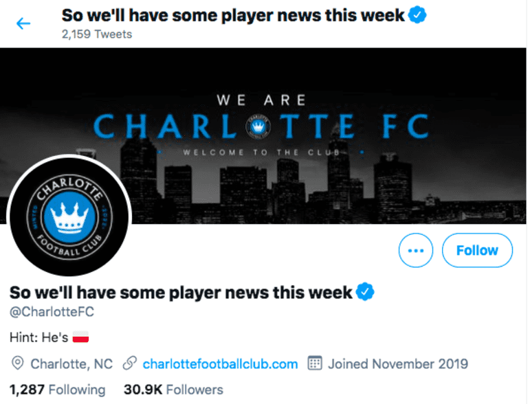 Charlotte FC tease signing of Polish player - https://league-mp7static.mlsdigital.net/images/Charlotte%20FC%20tweet%20screengrab.png