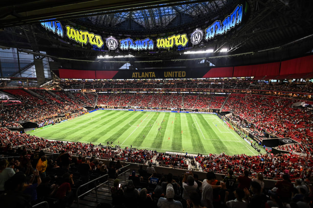 A general view of the stadium and halo board during the match against Cincinnati FC at Mercedes-Benz Stadium in Atlanta, GA on Wednesday, August 30, 2023. (Photo by Jay Bendlin/Atlanta United)