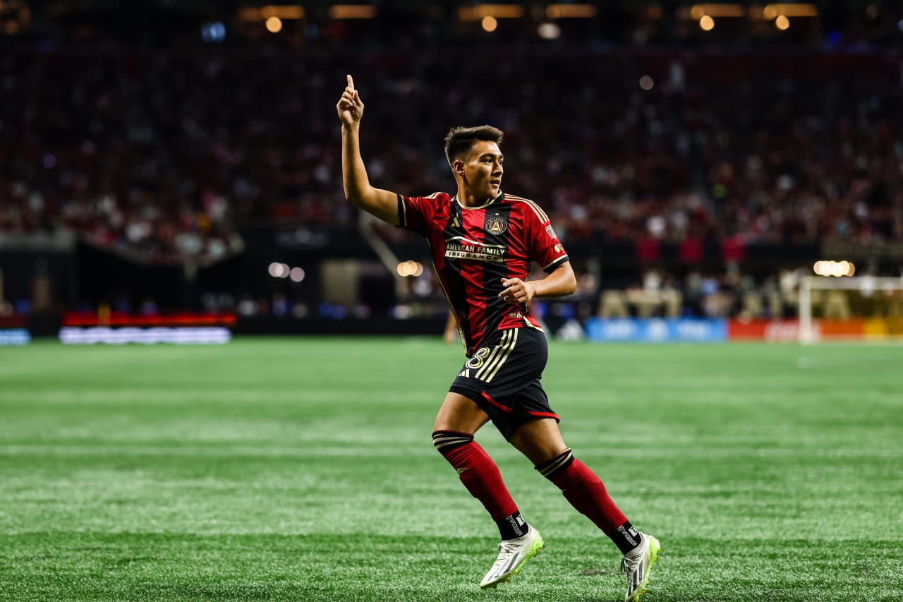 Atlanta United forward Tyler Wolff #28 celebrates after a goal during the second half of the match against Inter Miami at Mercedes-Benz Stadium in Atlanta, GA on Saturday, September 16, 2023. (Photo by Casey Sykes/Atlanta United)