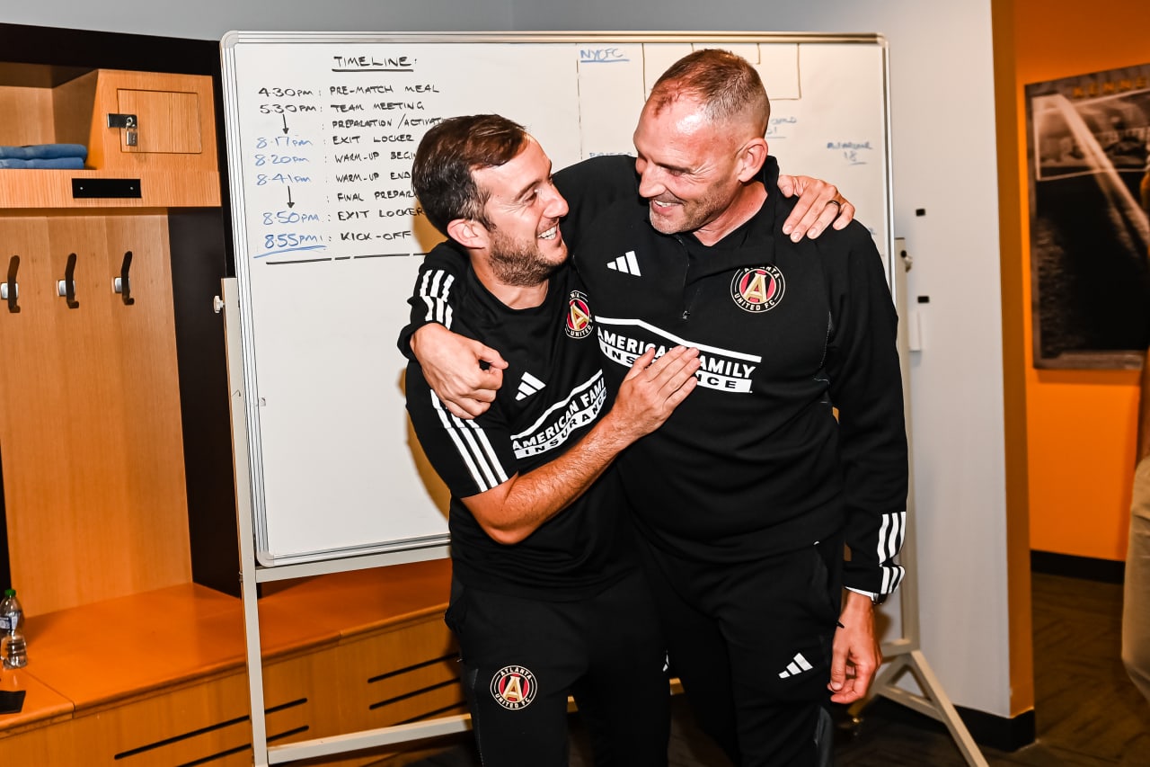 Atlanta United 2 assistant coach Jose Silva and head coach Steve Cooke celebrate after the MLS Next Pro match against New York City FC 2 at Fifth-Third Bank Stadium in Marietta, Ga. on Sunday, June 25, 2023. (Photo by Asher Greene/Atlanta United)