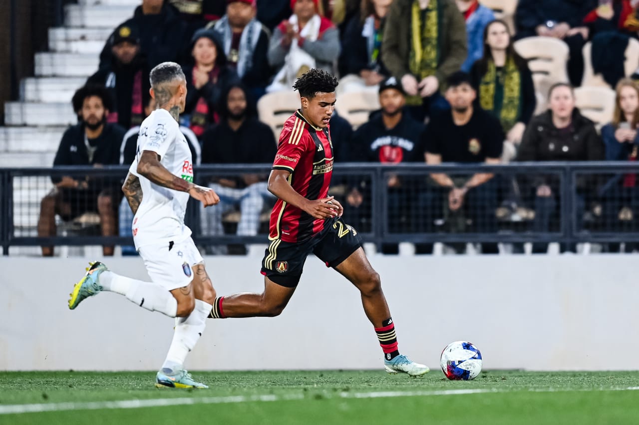 Atlanta United defender Caleb Wiley #26 dribbles during the first half of the Open Cup match against Memphis 901 FC at Fifth Third Bank Stadium in Kennesaw, GA on Wednesday April 26, 2023. (Photo by Mitchell Martin/Atlanta United)