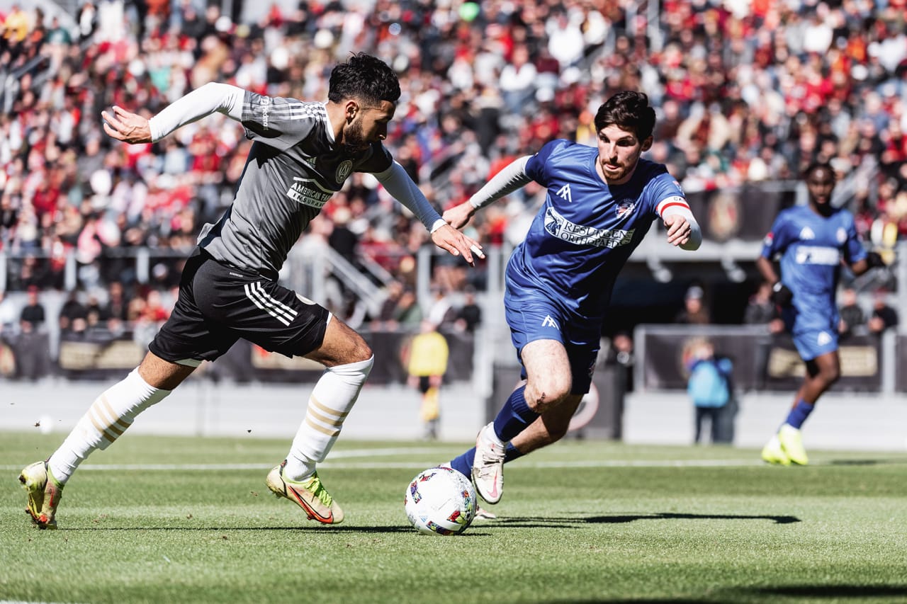 Atlanta United forward Erik Centeno #38 dribbles the ball during the second half of the preseason match against the Georgia Revolution at Turner Soccer Complex in Athens, Georgia, on Sunday January 30, 2022. (Photo by Jacob Gonzalez/Atlanta United)
