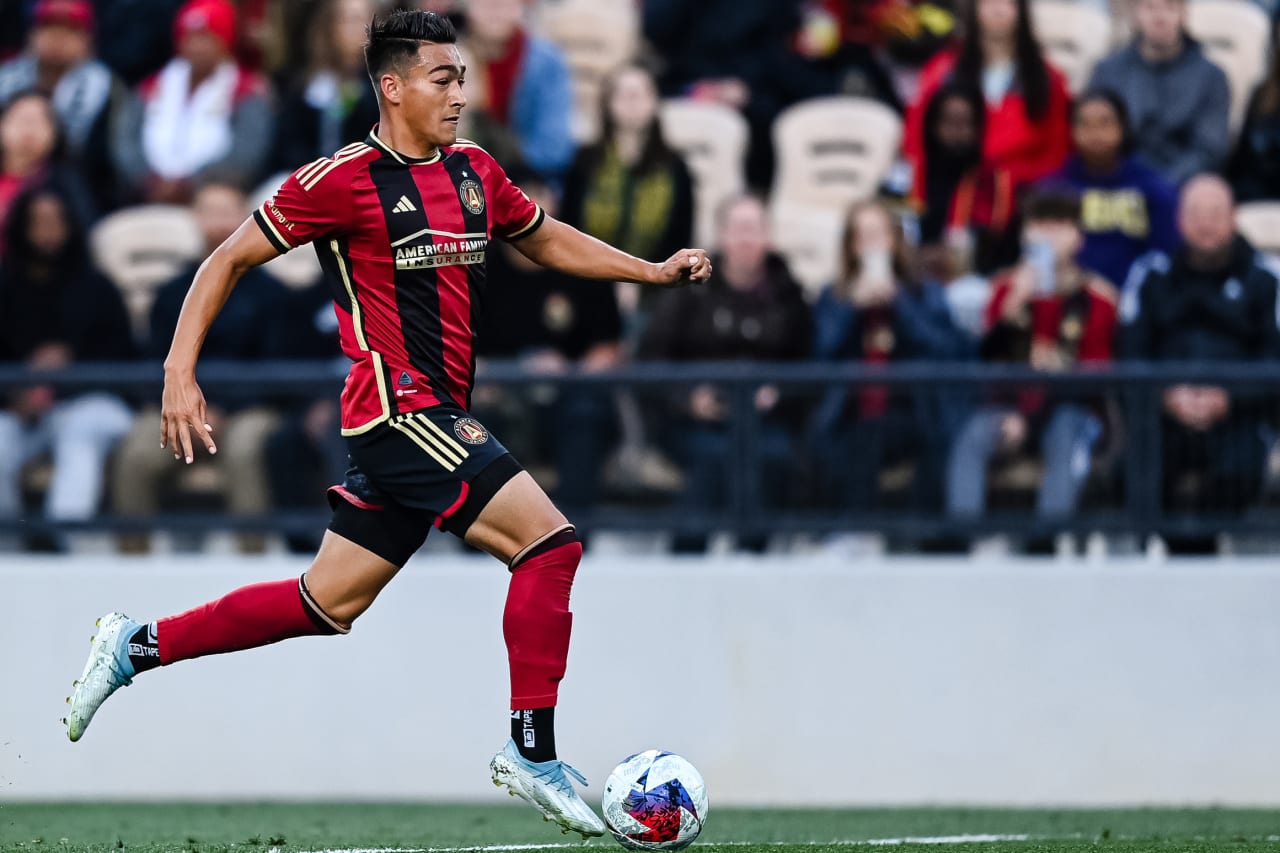 Atlanta United forward Tyler Wolff #28 dribbles during the first half of the Open Cup match against Memphis 901 FC at Fifth Third Bank Stadium in Kennesaw, GA on Wednesday April 26, 2023. (Photo by Mitchell Martin/Atlanta United)