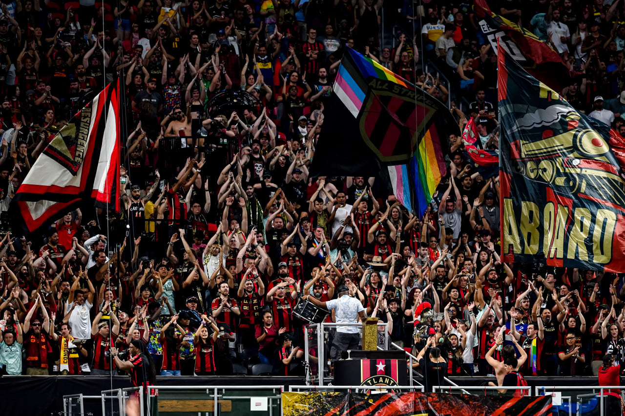 General view of fans during the first half during the match against New York Red Bulls at Mercedes-Benz Stadium in Atlanta, GA on Saturday April 1, 2023. (Photo by Mitchell Martin/Atlanta United)