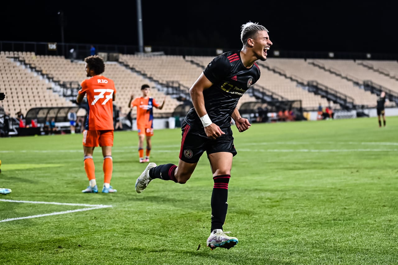 Atlanta United 2 midfielder Nick Firmino #8 celebrates after scoring a goal during the MLS Next Pro match against New York City FC 2 at Fifth-Third Bank Stadium in Marietta, Ga. on Sunday, June 25, 2023. (Photo by Asher Greene/Atlanta United)