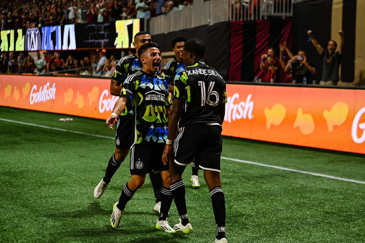 Atlanta United forward Xande Silva #16 celebrates with teammates after a goal during the first half of the match against Nashville SC at Mercedes-Benz Stadium in Atlanta, GA on Saturday, August 26, 2023. (Photo by Jay Bendlin/Atlanta United)
