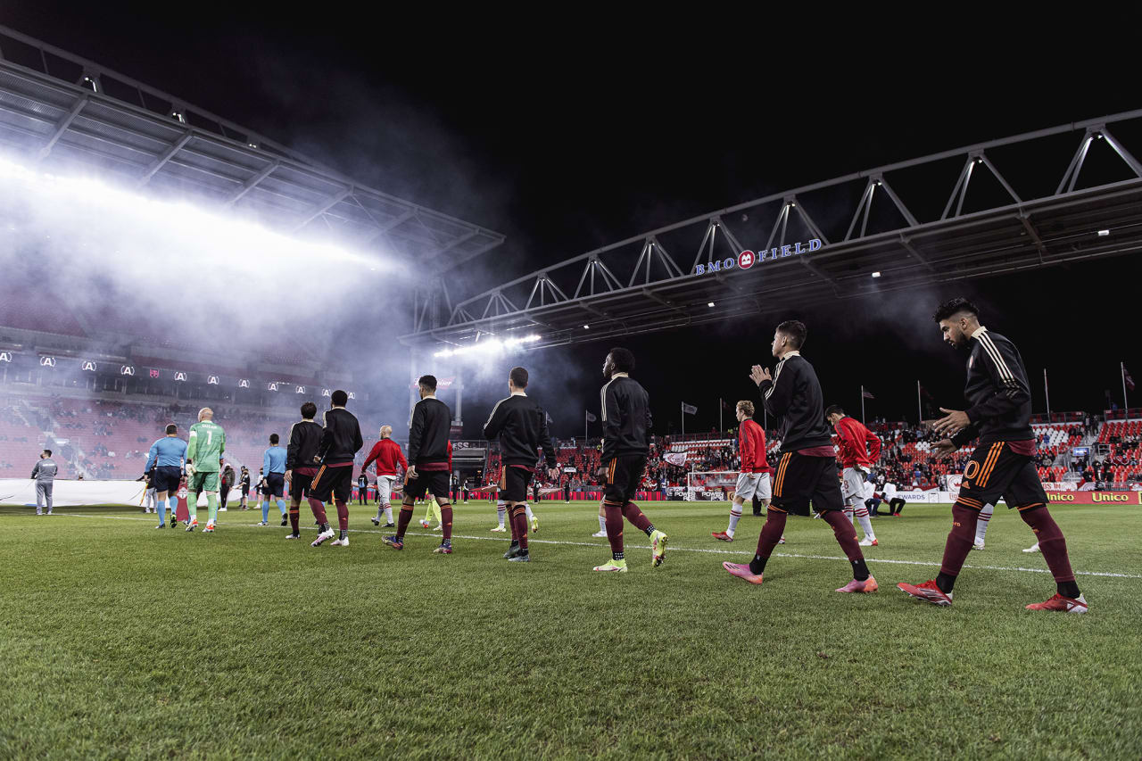 Atlanta United starting 11 walk out onto the field before the match against Toronto FC at BMO Training Ground in Toronto, Ontario on Saturday October 16, 2021. (Photo by Jacob Gonzalez/Atlanta United)