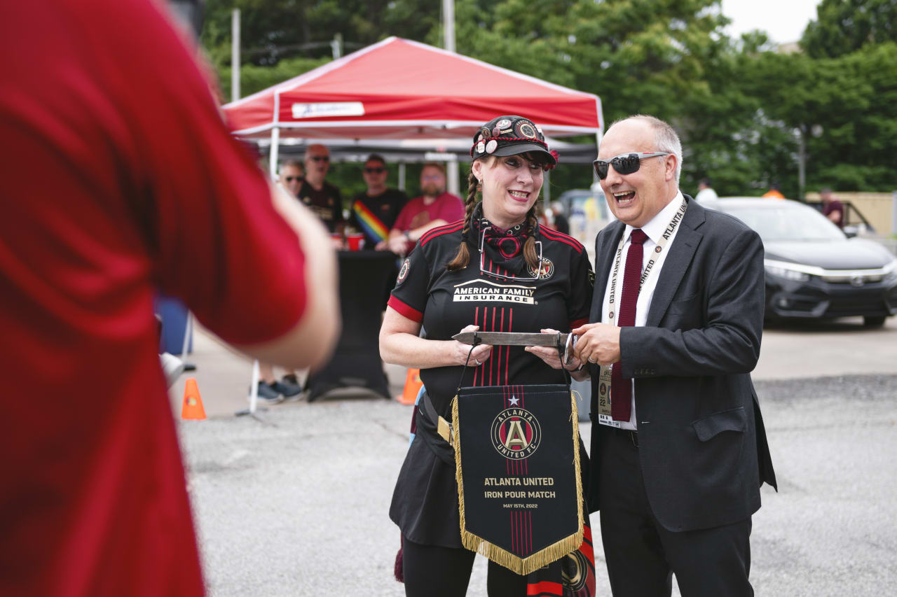 Atlanta United President Darren Eales interacts with supporters before the match against New England Revolution at Mercedes-Benz Stadium in Atlanta, United States on Sunday May 15, 2022. (Photo by Mitchell Martin/Atlanta United)