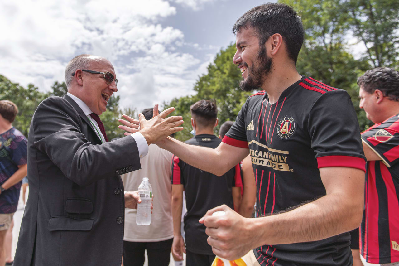 President Darren Eales interacts with Atlanta United supporters before the match against Nashville SC at Mercedes-Benz Stadium in Atlanta, Georgia, on Saturday August 28, 2021. (Photo by Mitchell Martin/Atlanta United)