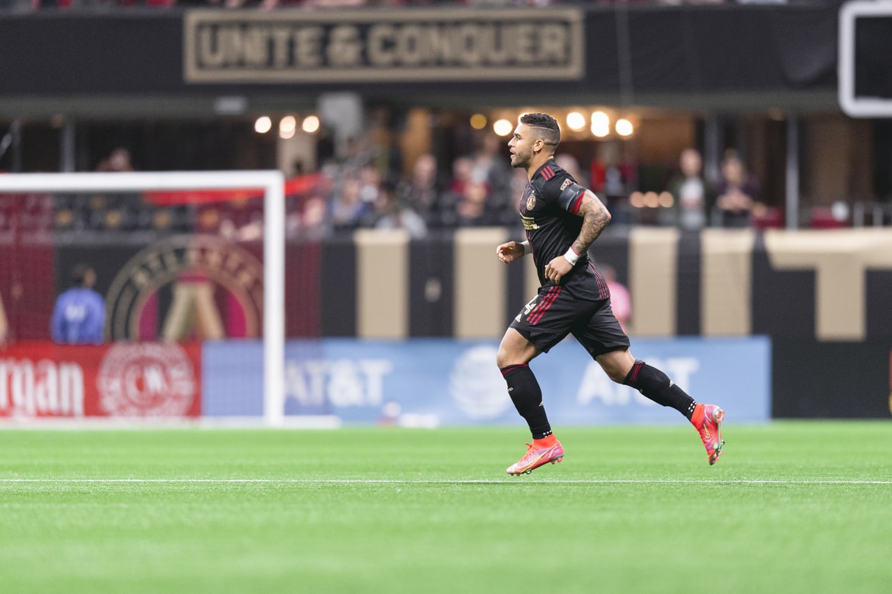 Atlanta United forward Dom Dwyer is subbed in during the 2022 Opening Day match against Sporting Kansas City at Mercedes-Benz Stadium in Atlanta, United States on Sunday February 27, 2022. (Photo by Jacob Gonzalez/Atlanta United)