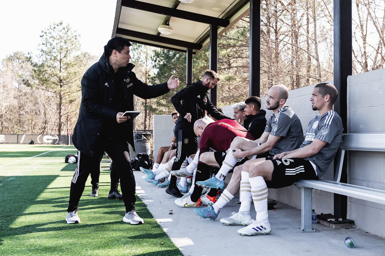 Atlanta United Head Coach Gonzalo Pineda instructs his team during halftime of the preseason match against the Georgia Revolution at Turner Soccer Complex in Athens, Georgia, on Sunday January 30, 2022. (Photo by Jacob Gonzalez/Atlanta United)