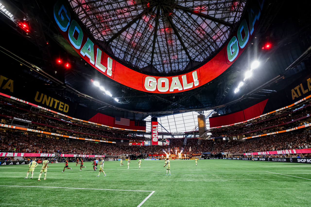 General view after a goal during the first half during the match against New York Red Bulls at Mercedes-Benz Stadium in Atlanta, GA on Saturday April 1, 2023. (Photo by Karl Moore/Atlanta United)