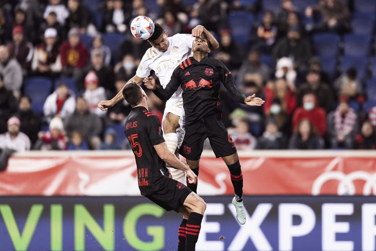 Atlanta United defender Miles Robinson #12 goes up for the ball during the match against New York Red Bulls at Red Bull Arena in Harrison, New Jersey on Wednesday November 3, 2021. (Photo by Jacob Gonzalez/Atlanta United)
