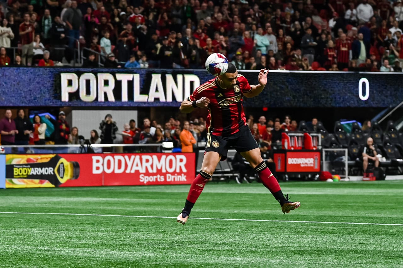 Atlanta United forward Giorgos Giakoumakis #7 scores on a header during the second half of the match against Portland Timbers at Mercedes-Benz Stadium in Atlanta, GA on Saturday March 18, 2023. (Photo by Brandon Magnus/Atlanta United)