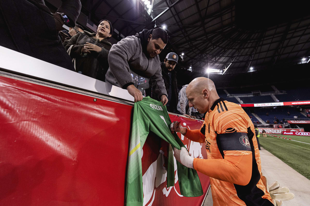 Atlanta United goalkeeper Brad Guzan #1 interacts with Atlanta United supporters after the match against New York Red Bulls at Red Bull Arena in Harrison, New Jersey on Wednesday November 3, 2021. (Photo by Jacob Gonzalez/Atlanta United)