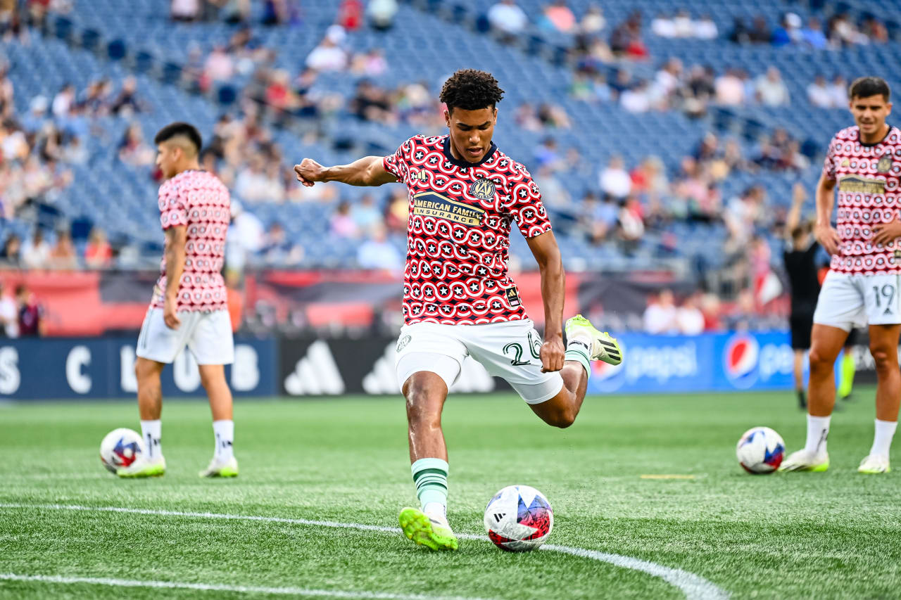 Atlanta United defender Caleb Wiley #26 warms up before the match against New England Revolution at Gillette Stadium in Foxborough, MA on Wednesday, July 12, 2023. (Photo by Jay Bendlin/Atlanta United)