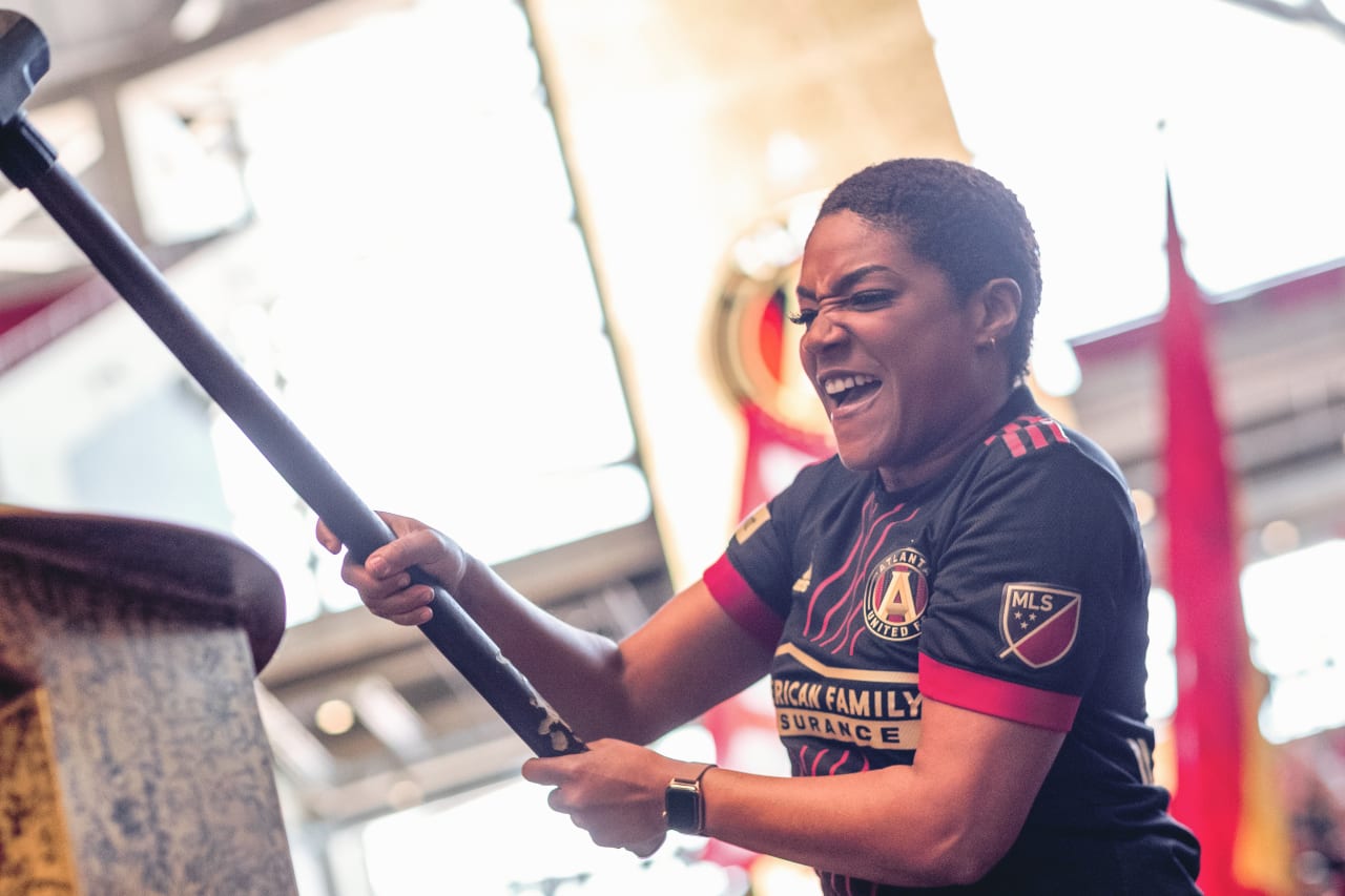 Comedian Tiffany Haddish hits the golden spike before the match against CF Montreal at Mercedes-Benz Stadium in Atlanta, United States on Saturday March 19, 2022. (Photo by AJ Reynolds/Atlanta United)