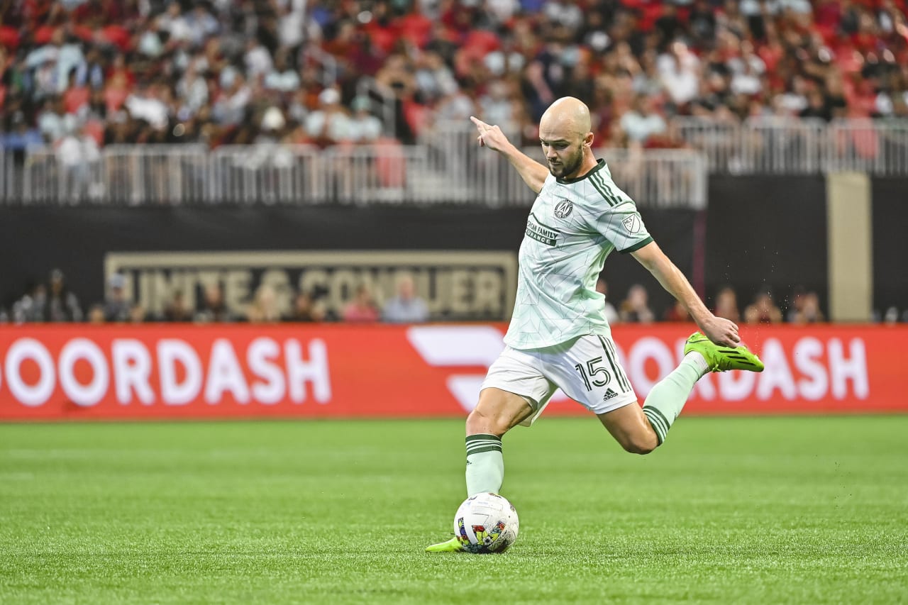 Atlanta United defender Andrew Gutman #15 dribbles the ball during the match against D.C. United at Mercedes-Benz Stadium in Atlanta, United States on Sunday August 28, 2022. (Photo by Dakota Williams/Atlanta United)