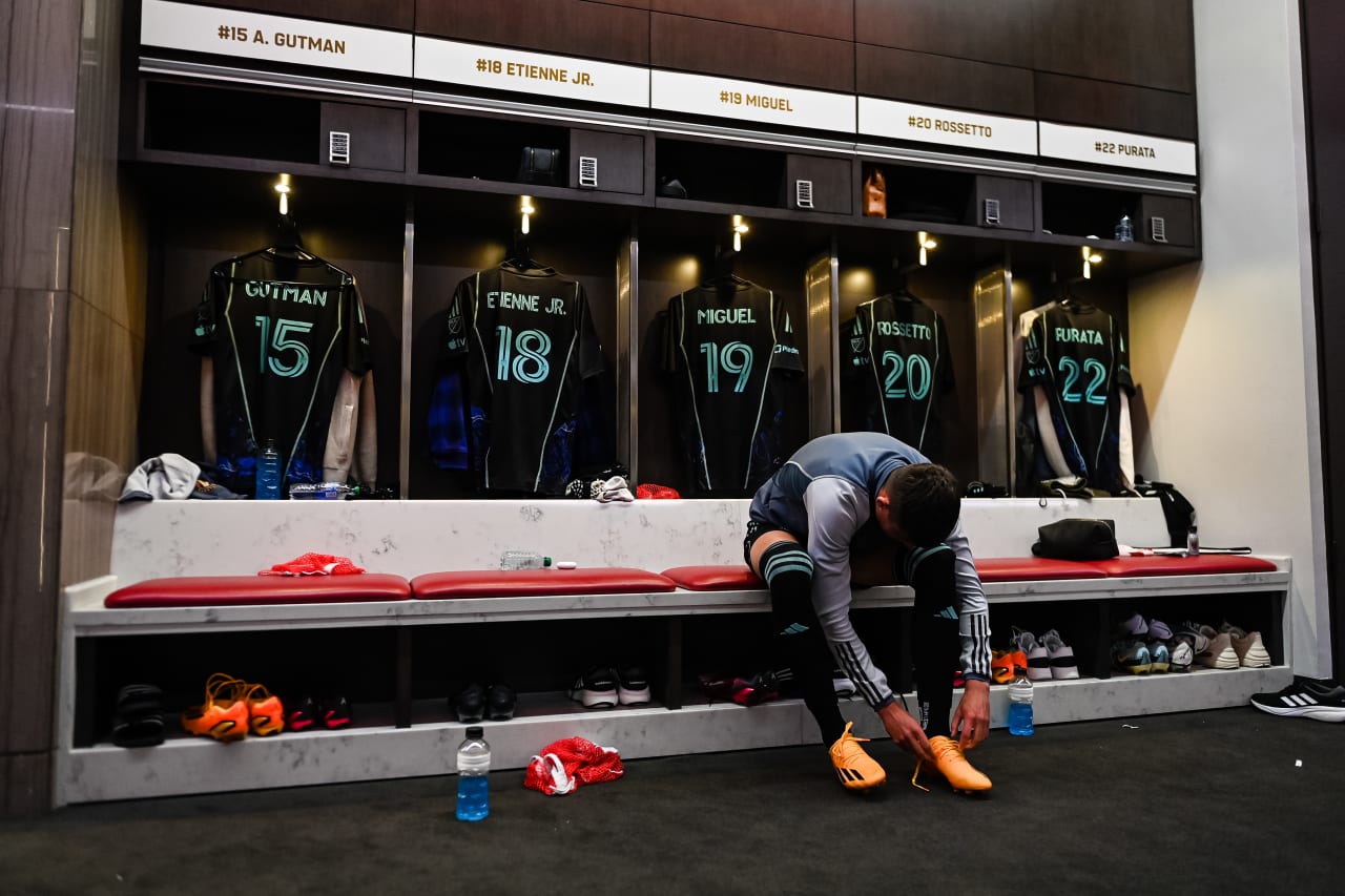Atlanta United forward Miguel Berry #19 prepares in the locker room before the match against Chicago Fire FC at Mercedes-Benz Stadium in Atlanta, GA on Sunday, April 23, 2023. (Photo by Mitchell Martin/Atlanta United)