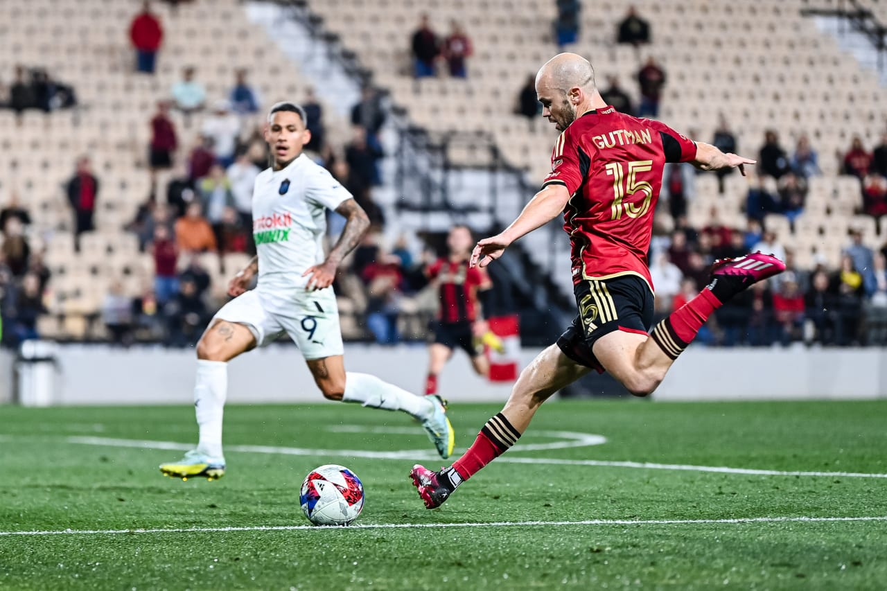 Atlanta United defender Andrew Gutman #15 kicks the ball during extra time of the Open Cup match against Memphis 901 FC at Fifth Third Bank Stadium in Kennesaw, GA on Wednesday April 26, 2023. (Photo by Mitchell Martin/Atlanta United)