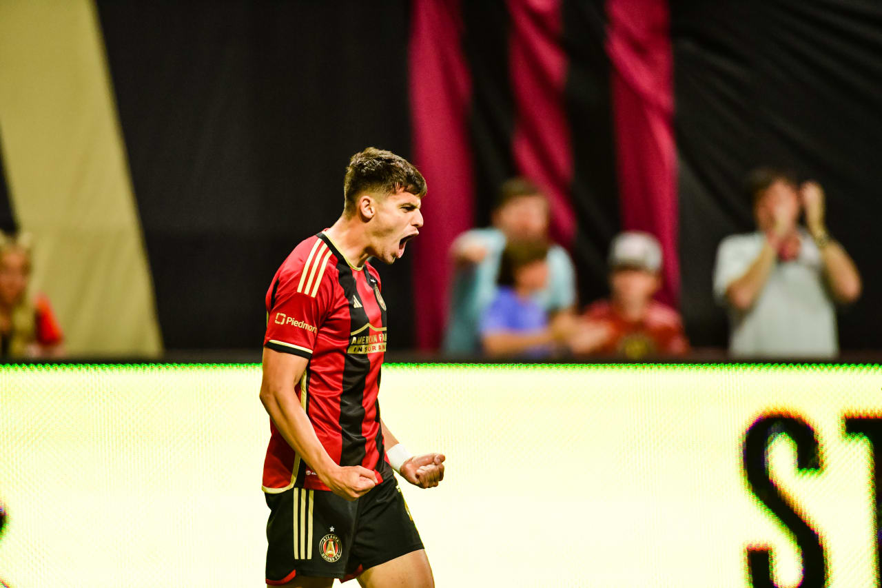 Atlanta United forward Miguel Berry #19 celebrates with teammates after a goal during the second half of the match against New England Revolution at Mercedes-Benz Stadium in Atlanta, GA on Wednesday, May 31, 2023. (Photo by Kyle Hess/Atlanta United)