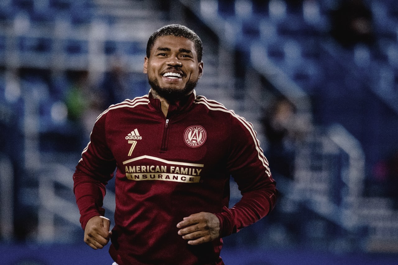 Atlanta United forward Josef Martinez #7 smiles before the match against CF Montréal at Stade Saputo in Montreal, Quebec, on Saturday October 2, 2021. (Photo by Audrey Magny/Atlanta United)