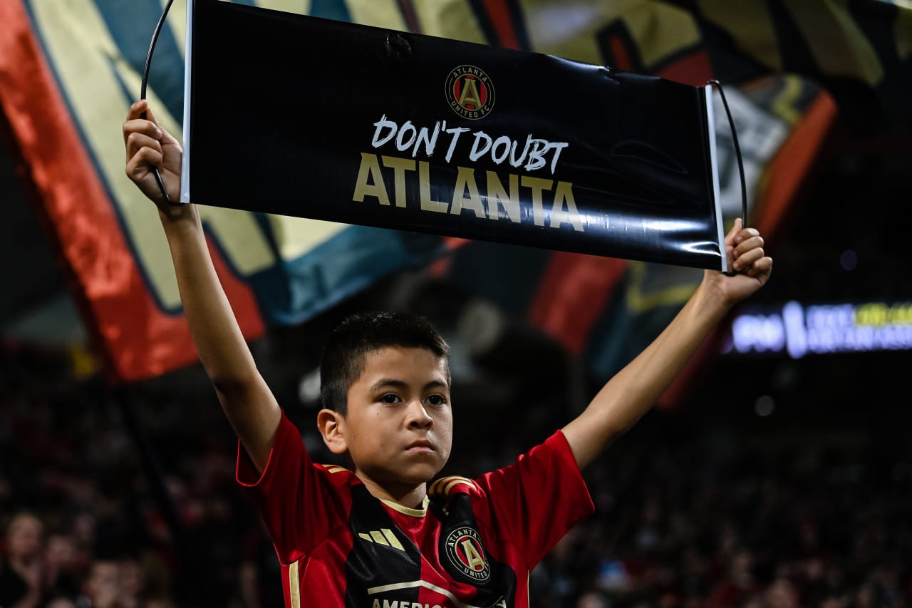 Fans react during the first half of the match against Columbus Crew at Mercedes-Benz Stadium in Atlanta, GA on Tuesday, November 7, 2023. (Photo by Brandon Magnus/Atlanta United)