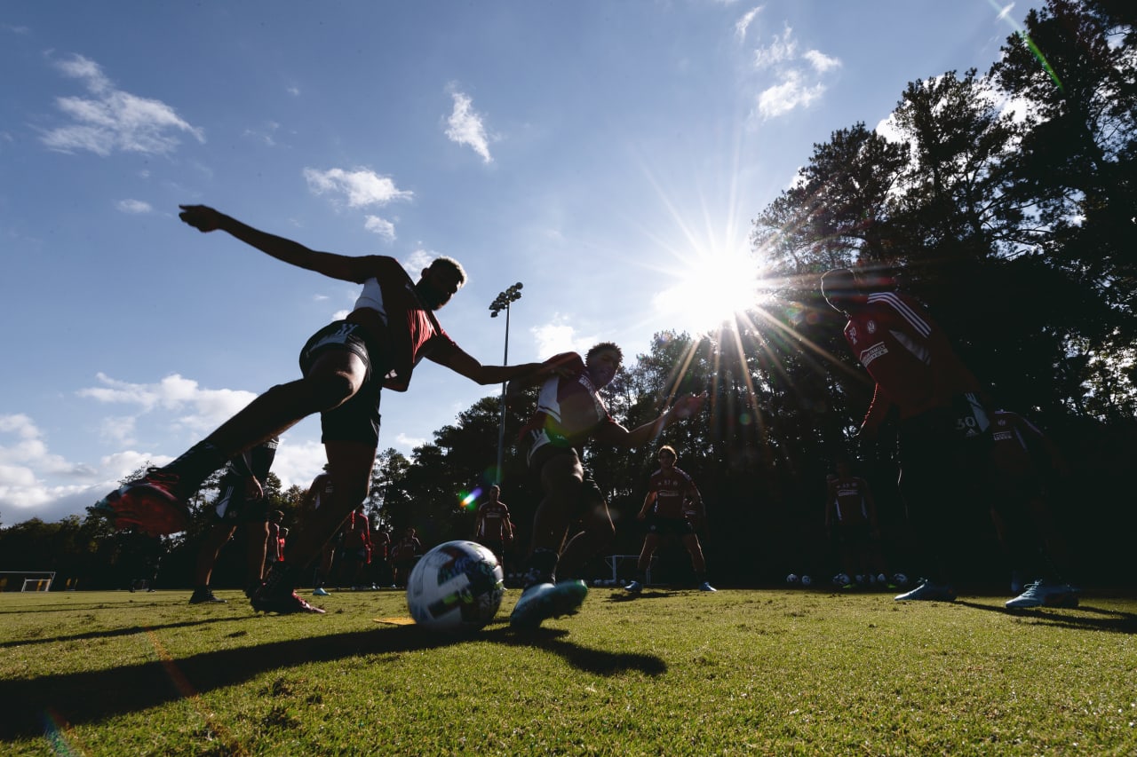 Atlanta United defender George Campbell #32 and defender Caleb Wiley #26 duel for a ball while warming up during training at Children's Healthcare of Atlanta Training Ground in Marietta, Georgia, on Tuesday October 4, 2022. (Photo by Dakota Williams/Atlanta United)