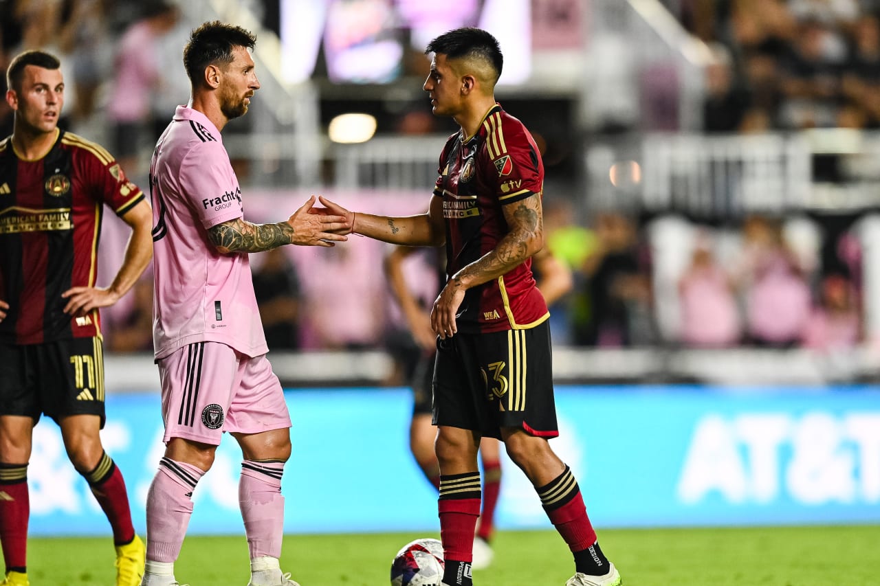 Atlanta United midfielder Thiago Almada #23 shakes hands with Inter Miami forward Lionel Messi #10 during the second half of at DRV PNK Stadium in Fort Lauderdale, FL on Tuesday, July 25, 2023. (Photo by Mitchell Martin/Atlanta United)