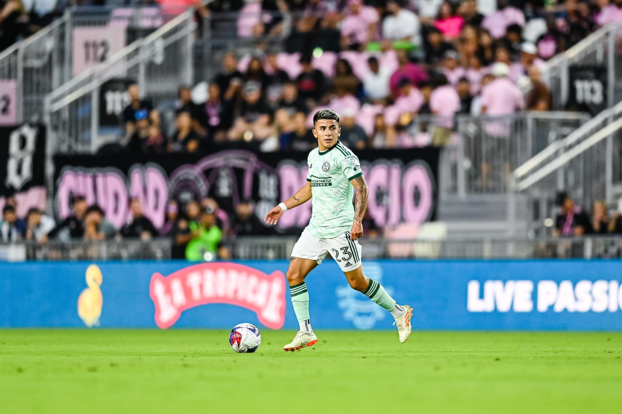 Atlanta United midfielder Thiago Almada #23 dribbles the ball during the match against Inter Miami at DRV PNK Stadium in Fort Lauderdale, FL on Saturday, May 6, 2023. (Photo by Mitchell Martin/Atlanta United)