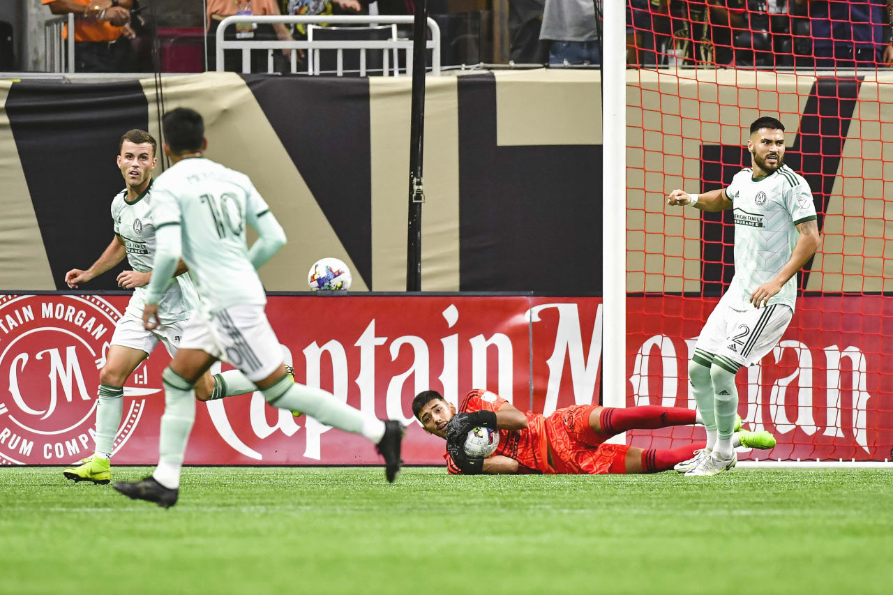 Atlanta United goalkeeper Rocco Rios Novo #34 makes a save during the match against D.C. United at Mercedes-Benz Stadium in Atlanta, United States on Sunday August 28, 2022. (Photo by Kyle Hess/Atlanta United)