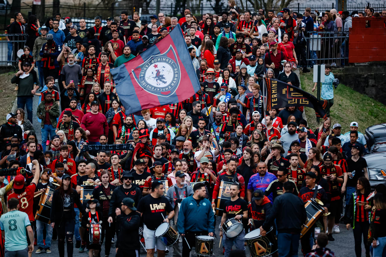 Supporters during the Supporter’s March before the match against San Jose Earthquakes at Mercedes-Benz Stadium in Atlanta, GA on Saturday February 25, 2023. (Photo by Alex Slitz/Atlanta United)